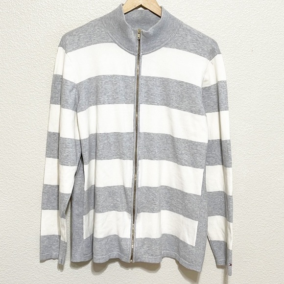 Tommy Hilfiger Gray & White Stripe Sweater Jacket Size XXL - Picture 1 of 13